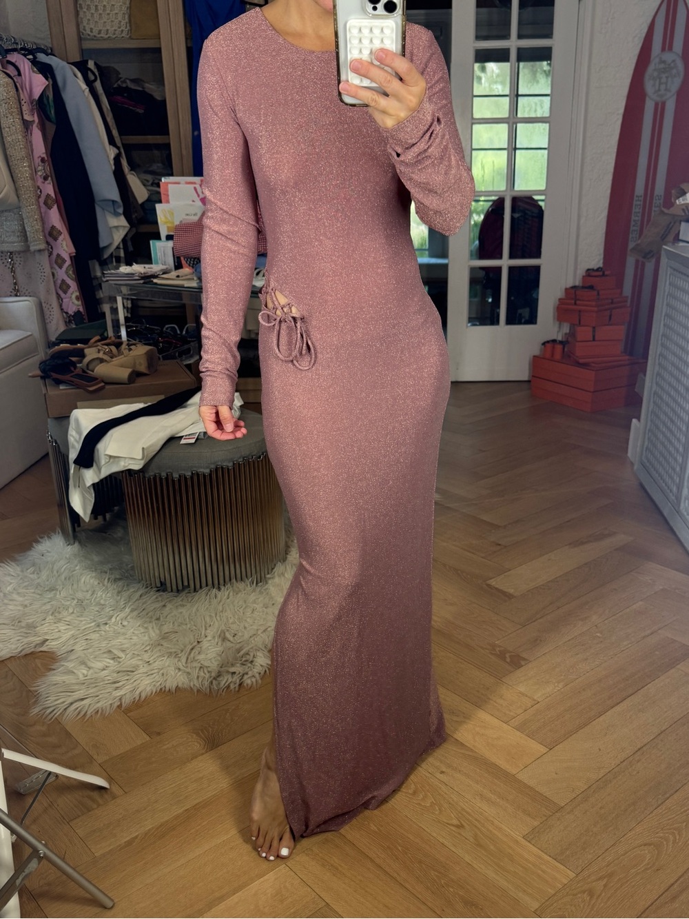 Reformation Long-Sleeve Maxi Dress in Rose Sparkle